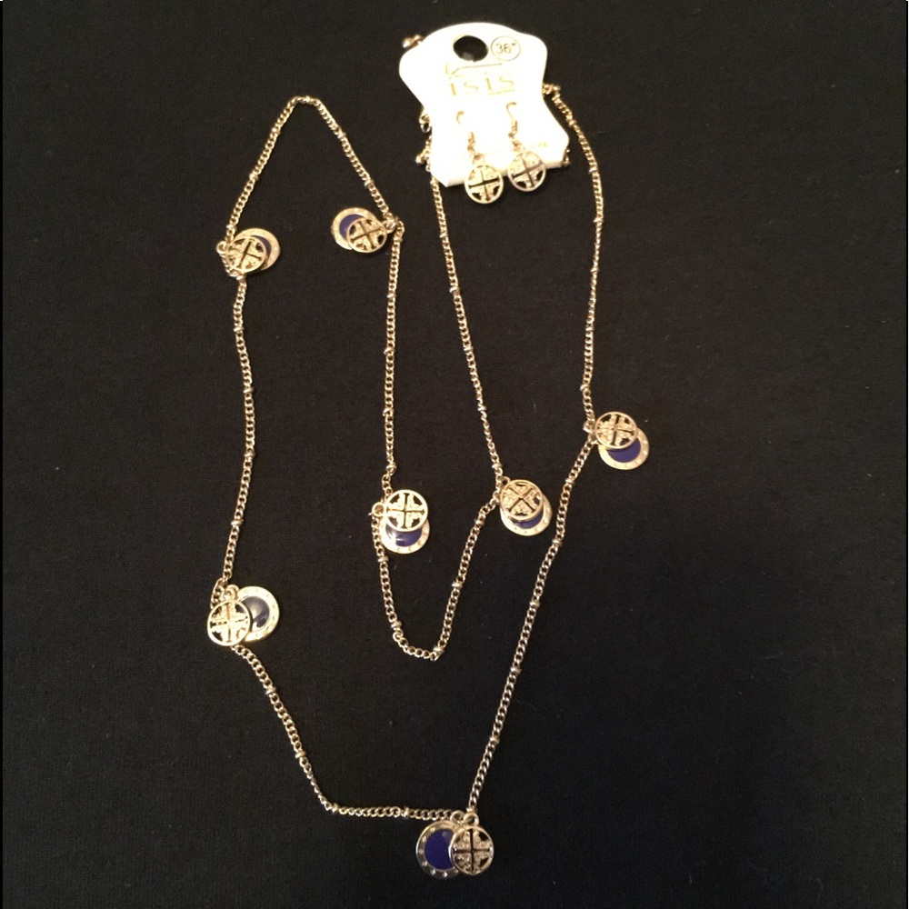 Blue and gold earrings and necklace.